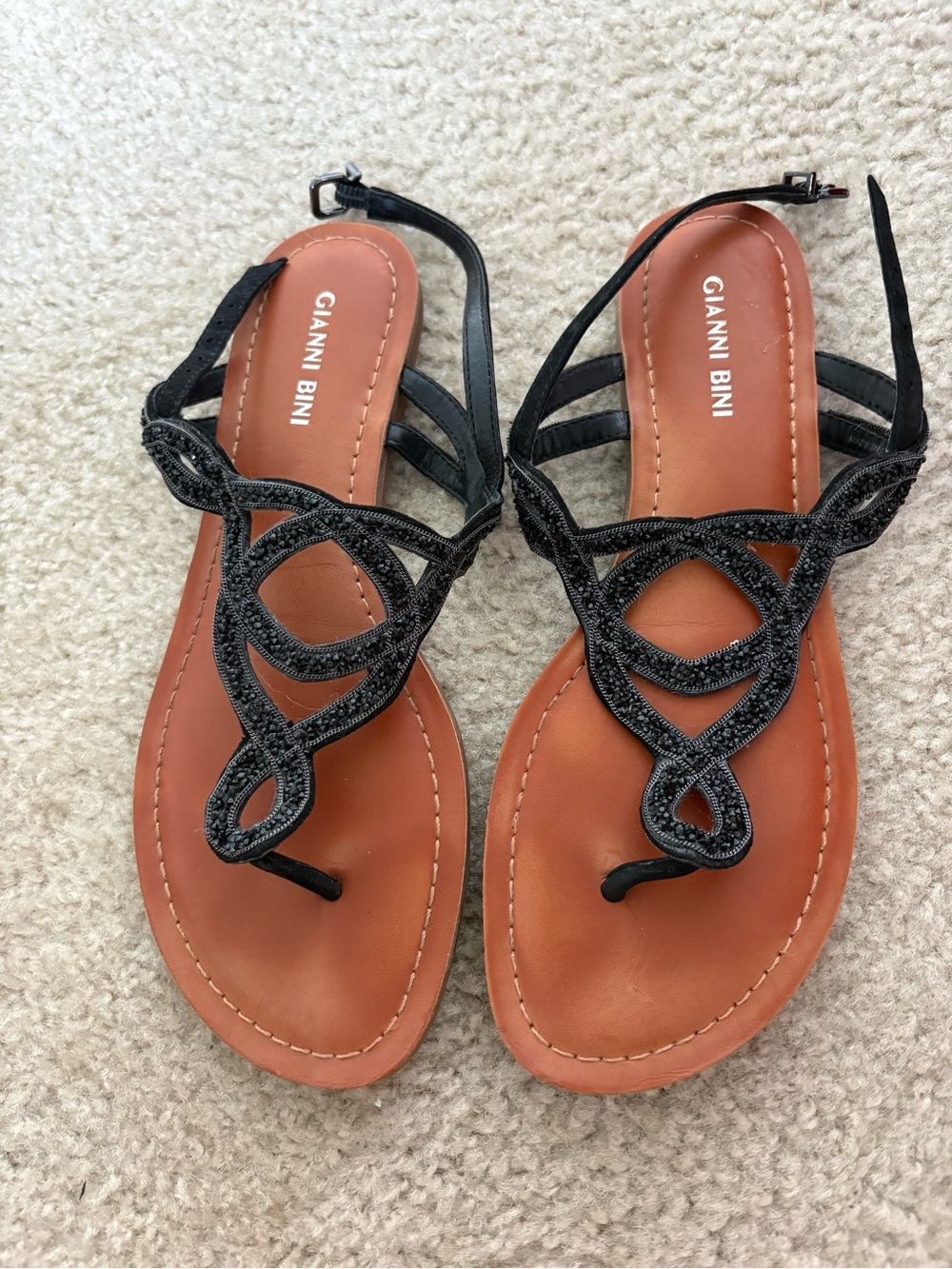 Gianni Bini Black Strappy Beaded Toe-Loop Sandals